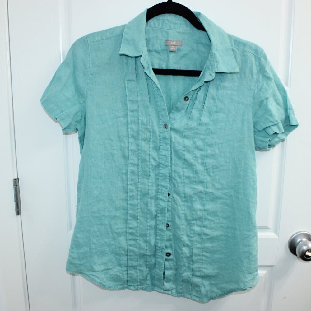 3/$30 J. Jill 100% Linen‎ Short Sleeve Button Down Teal XS